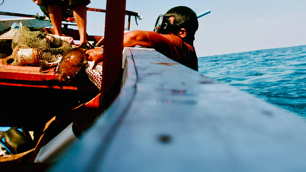 Diver in a hood leaning on the side of a boat