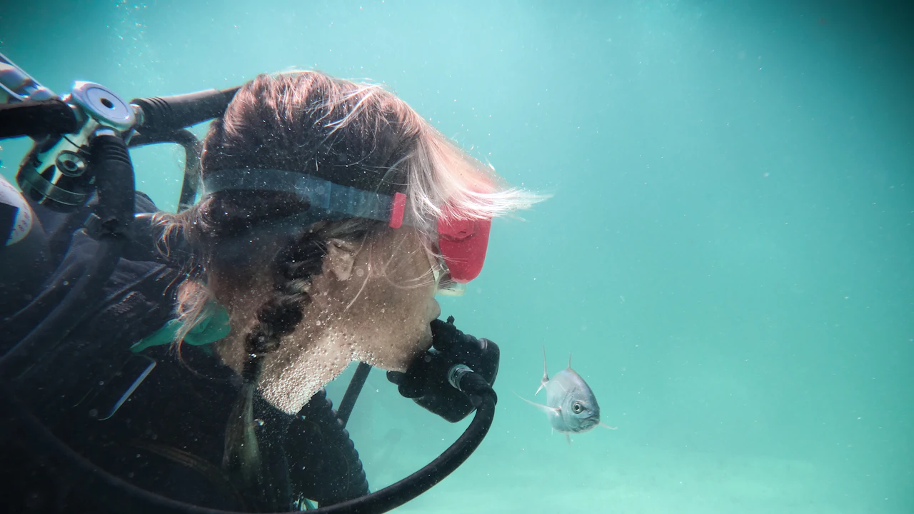 Scuba diver underwater beside a small jellyfish