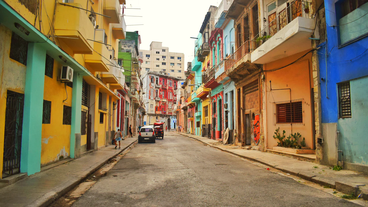Colorful painted buildings lining a town street