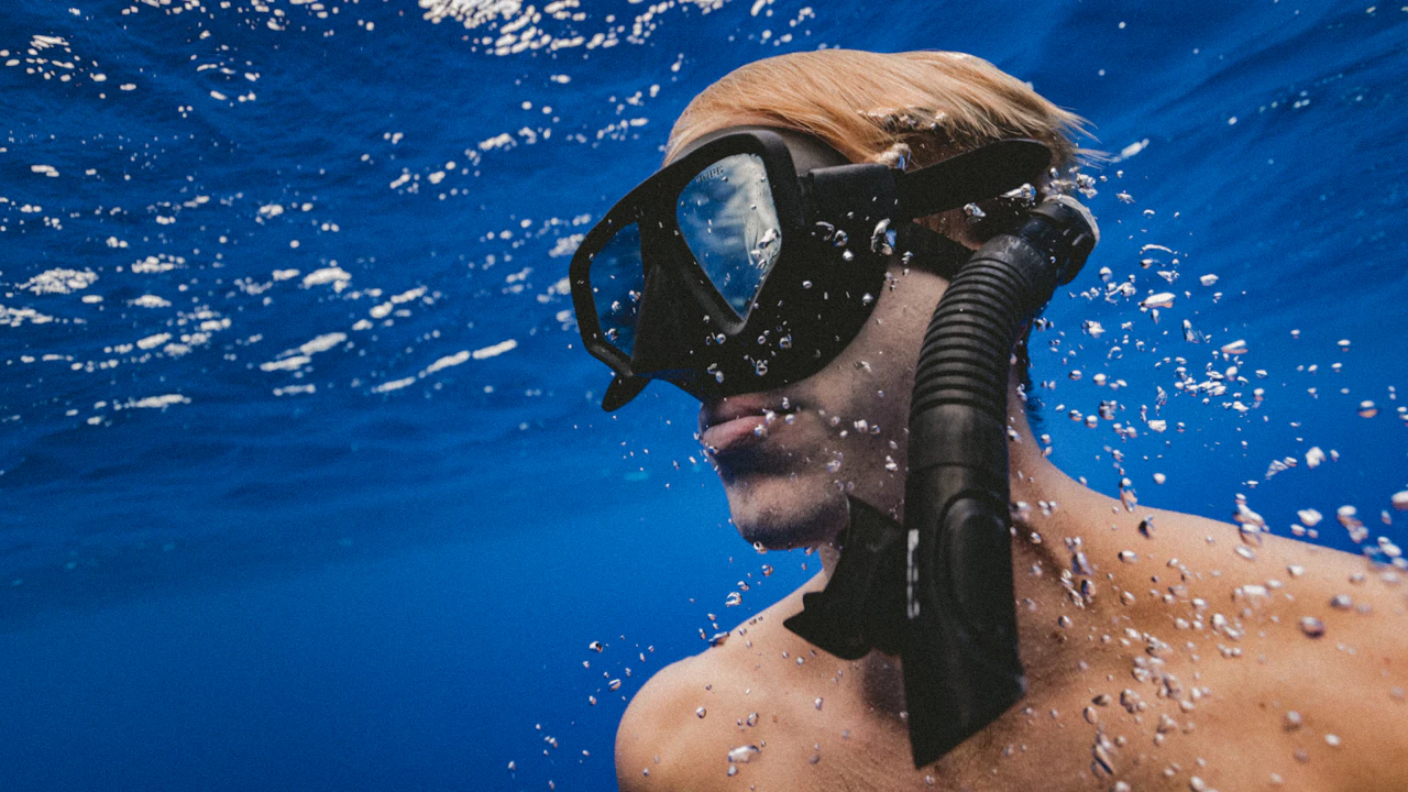 Snorkeler in a black mask just below the surface of the sea