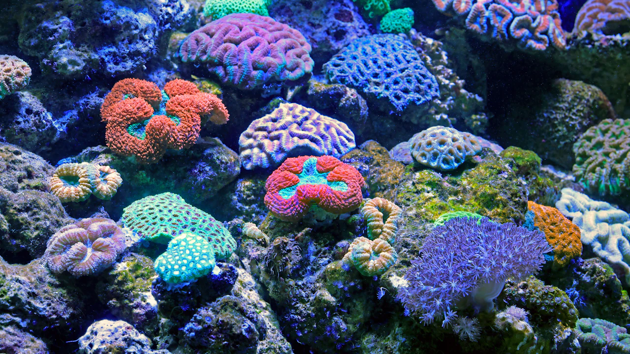Colorful corals in a reef aquarium