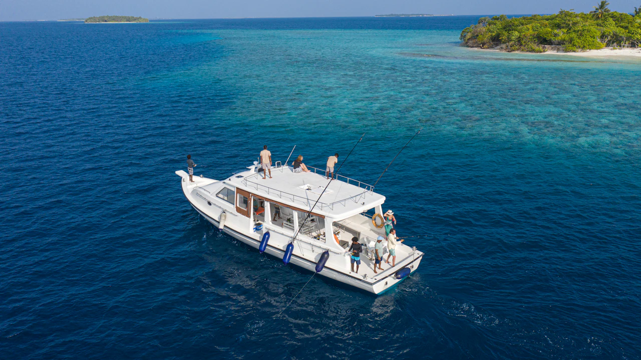 Passengers on the decks of a white boat near a small green island