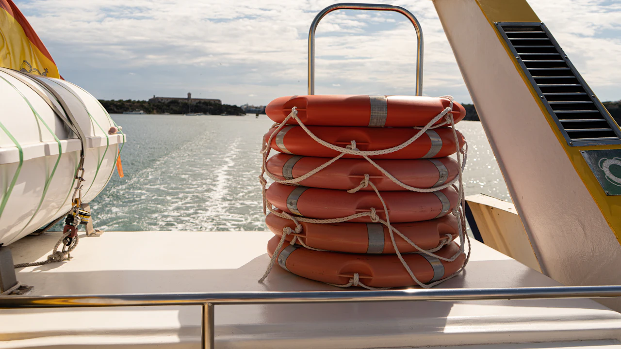 Life rings stacked on the stern of a boat