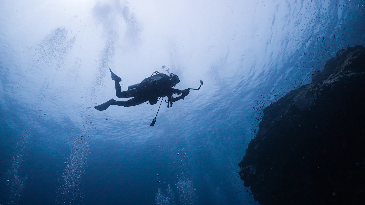 Scuba diver silhouetted against a reef wall in blue water
