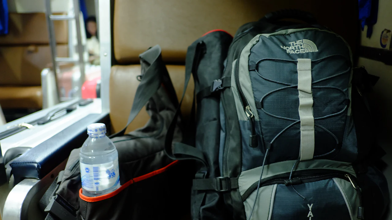 Backpack and water bottle on a seat