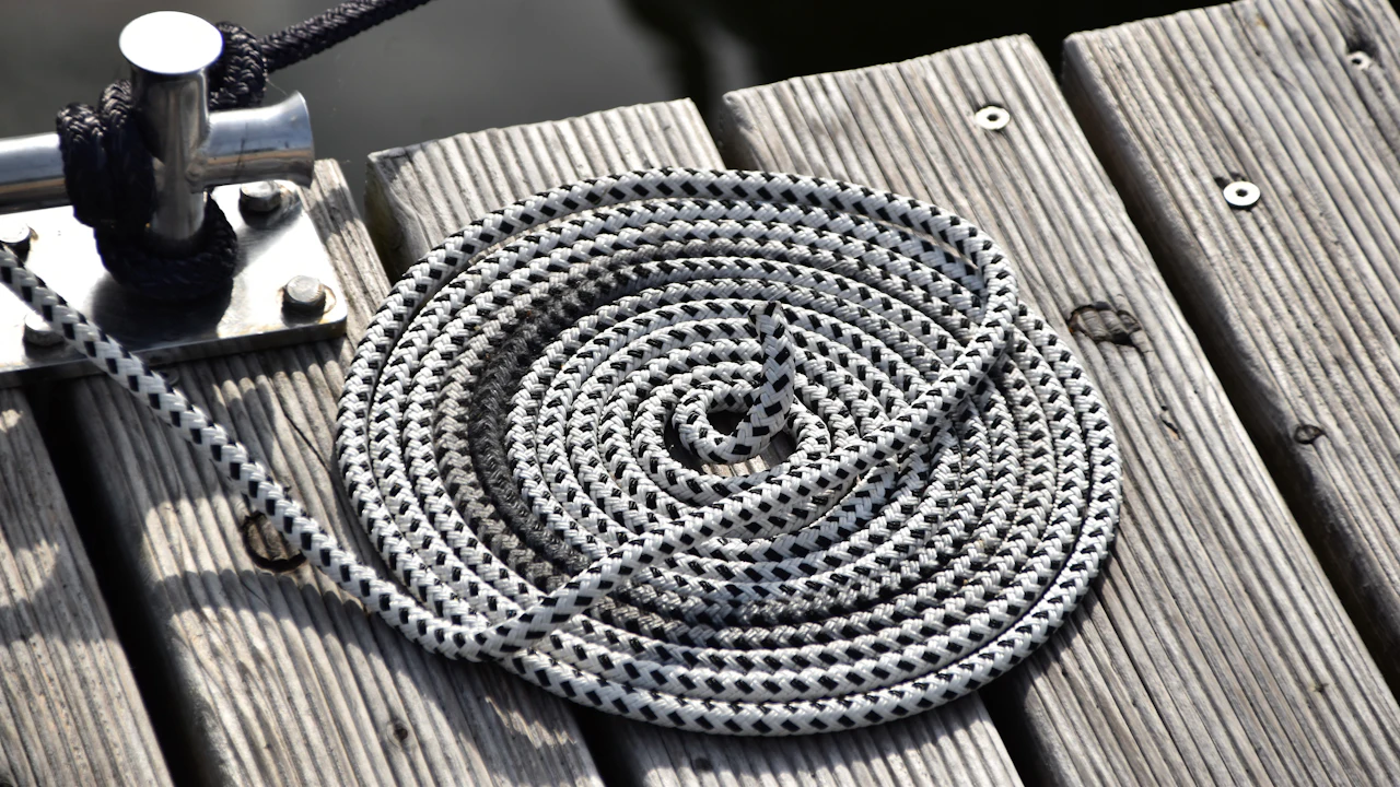 Coiled rope on a wooden boat deck
