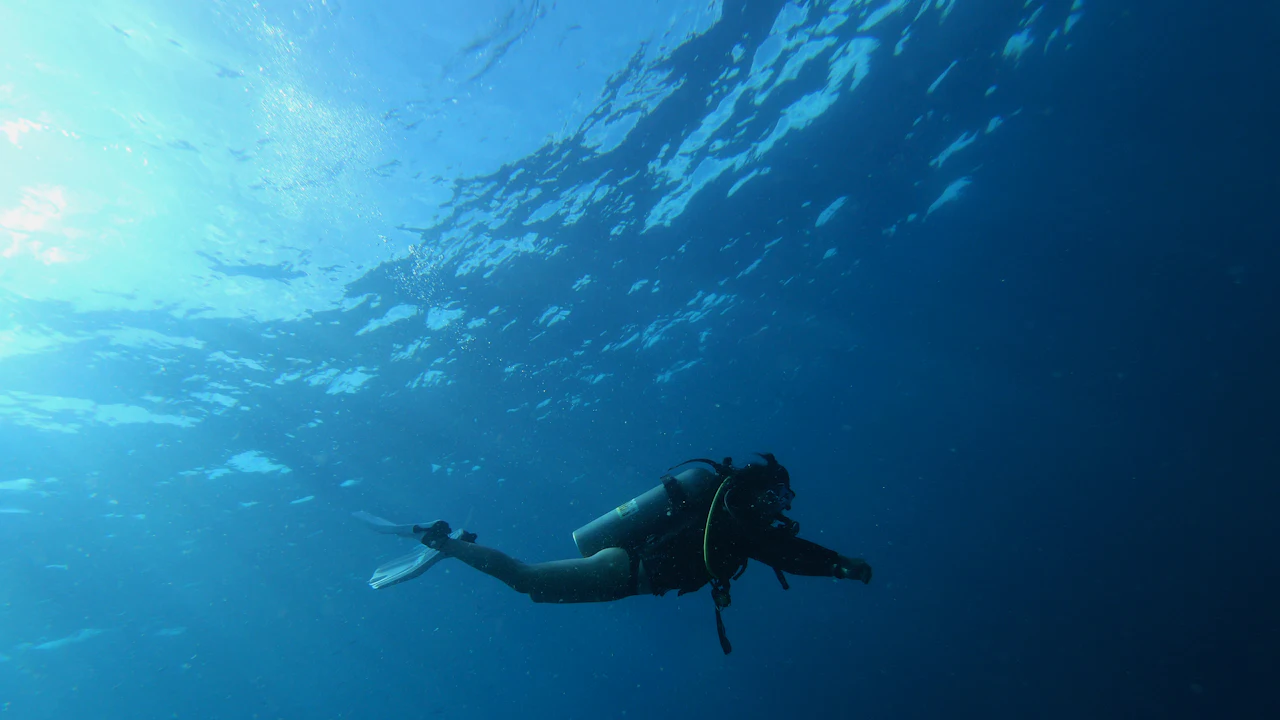 Diver swimming horizontally in open blue water