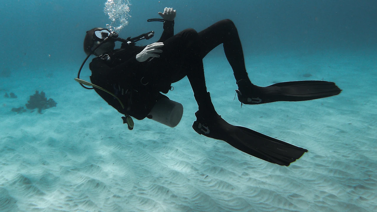 Scuba diver swimming over a pale sandy bottom