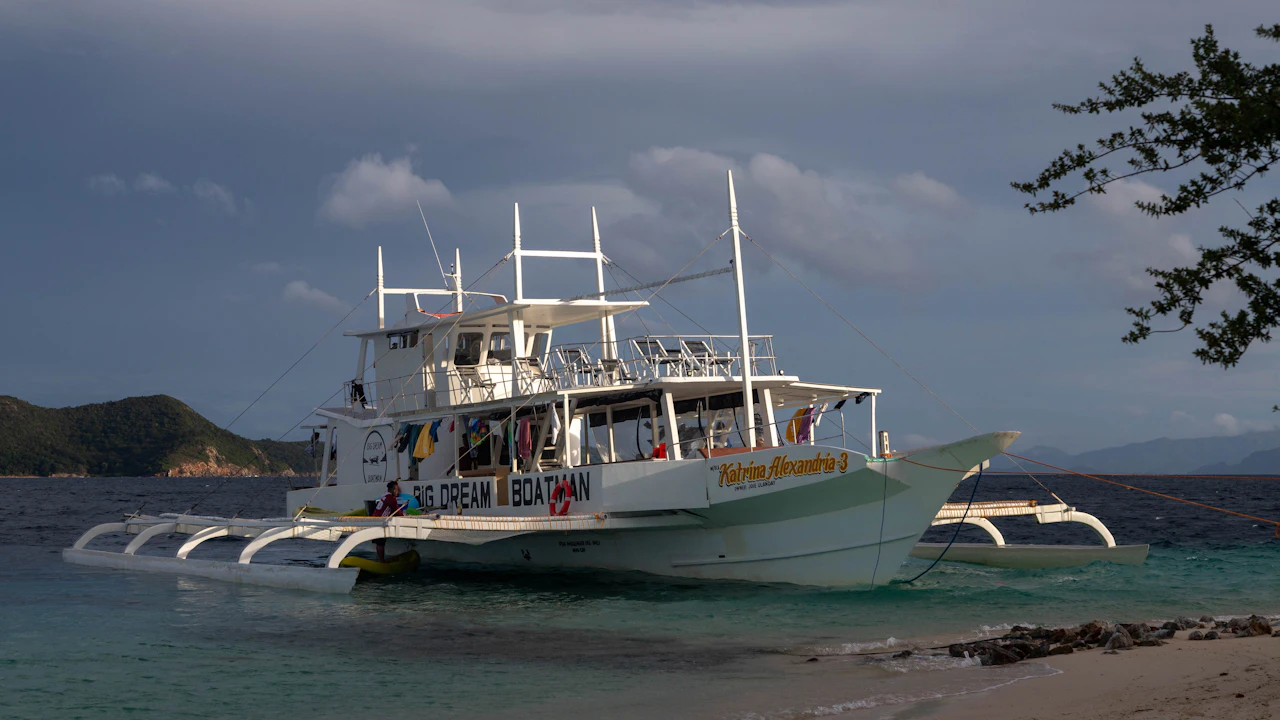 Dive boat anchored near a tropical shore