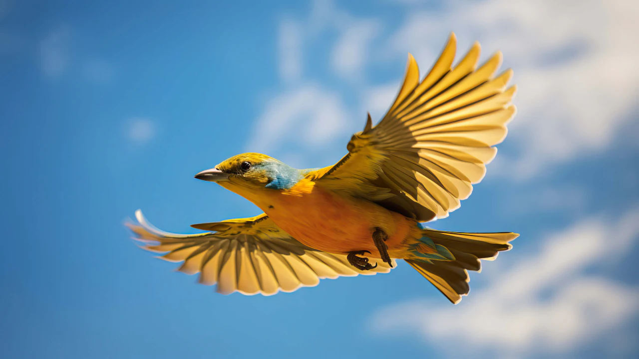 Yellow and orange bird flying against a blue sky
