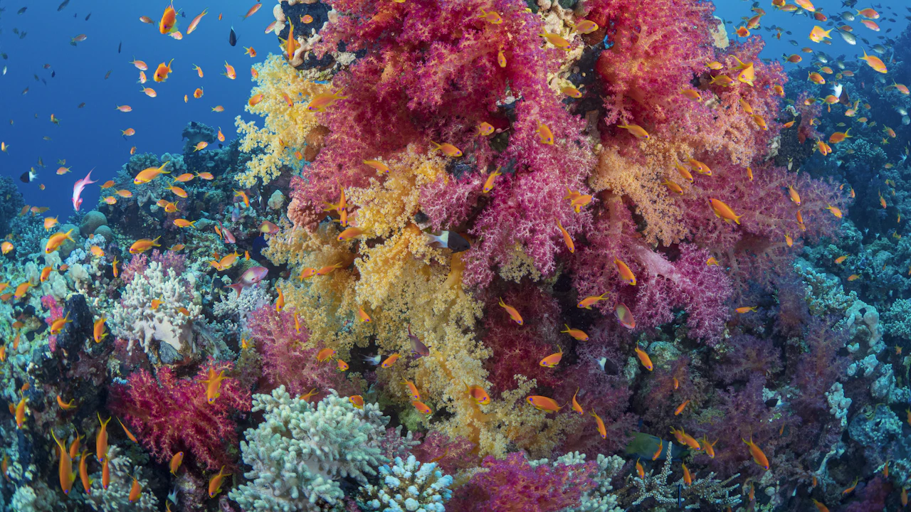 Colorful soft corals and reef fish