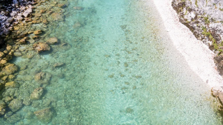 Aerial view of clear shallow water along a rocky shoreline