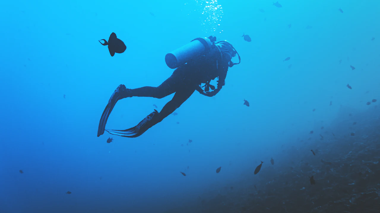 Scuba diver swimming in open blue water