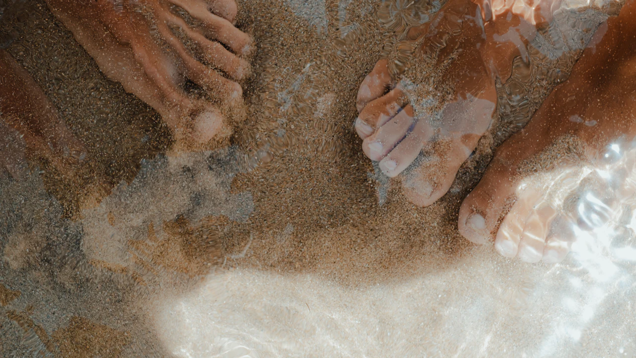 Bare feet in wet sand at the water edge