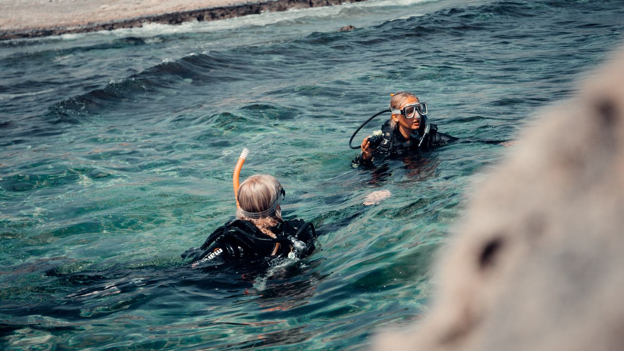 Two scuba divers at the surface, one giving a signal