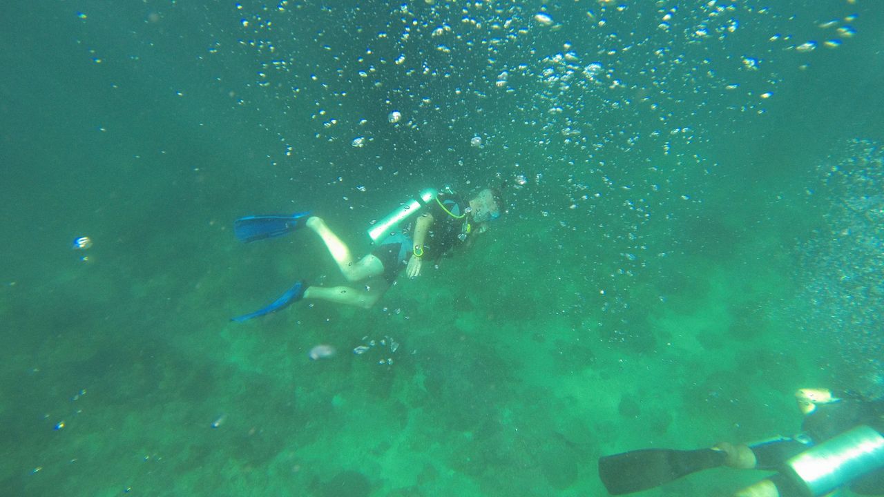 Scuba diver swimming with bubbles rising in green water