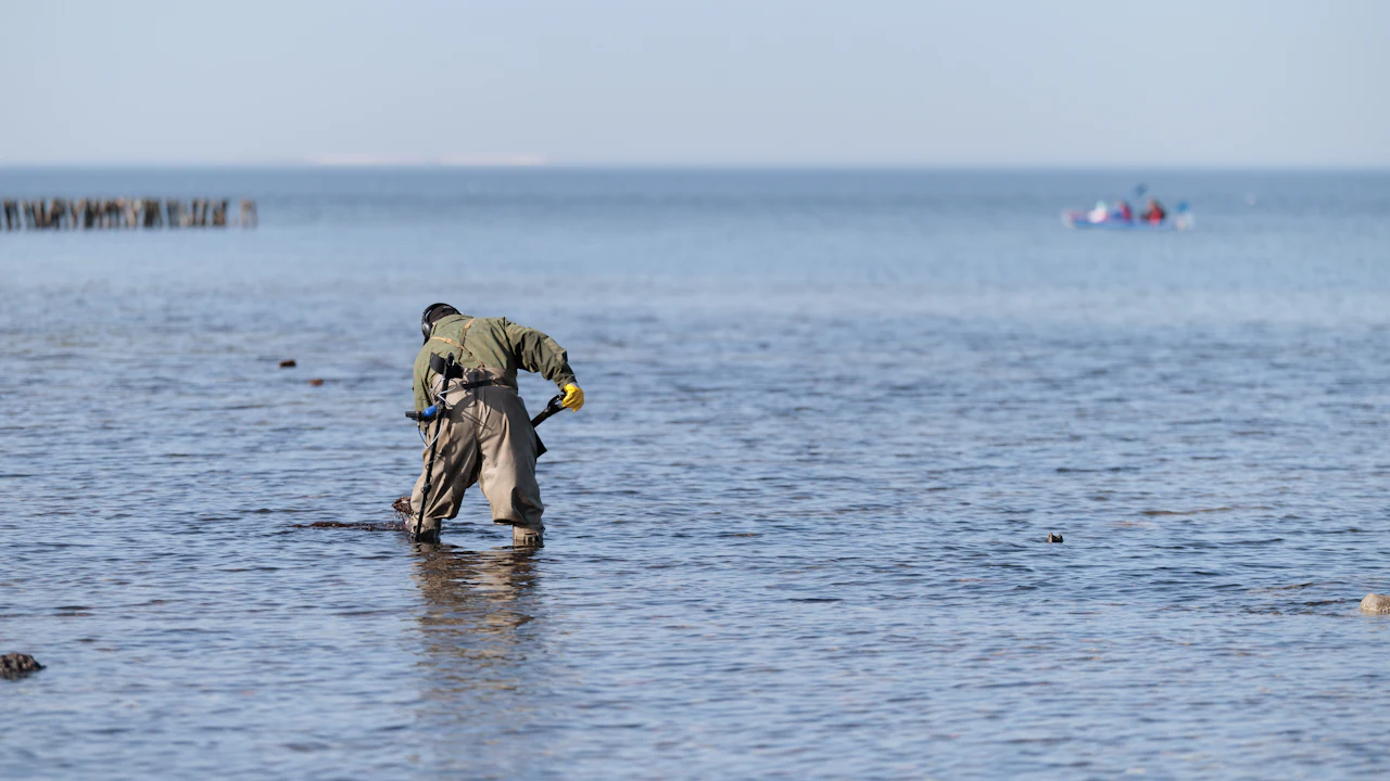 Person in waders standing in shallow sea water