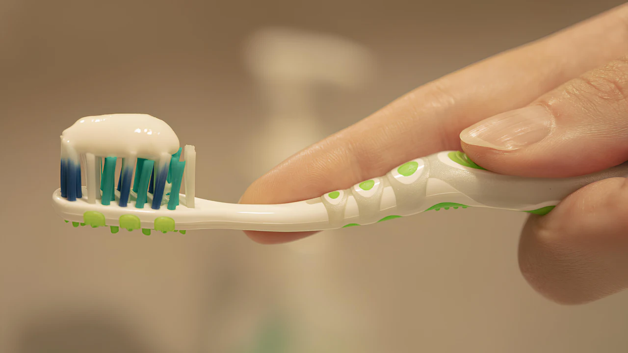 Soft toothbrush and a tube of toothpaste on a bathroom counter