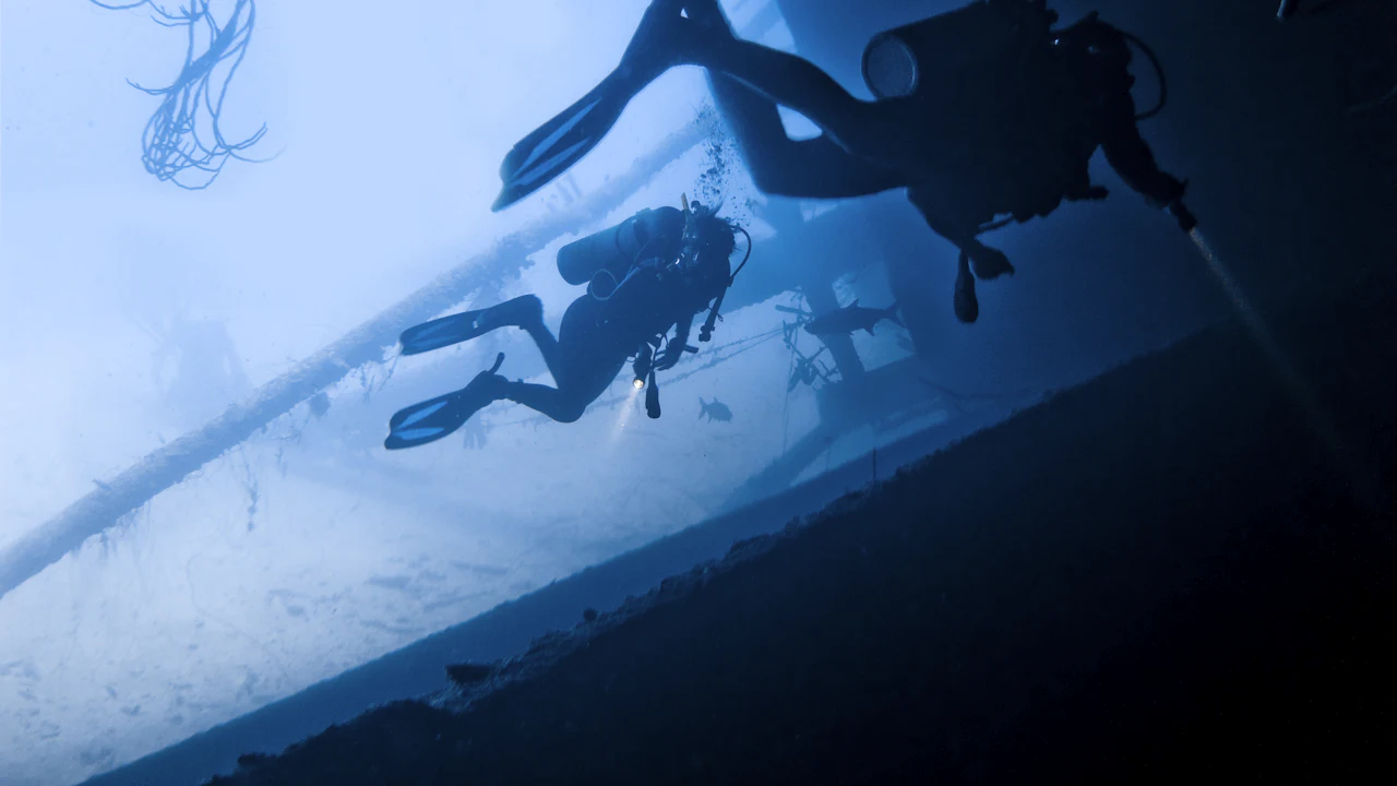Two scuba divers silhouetted in blue water