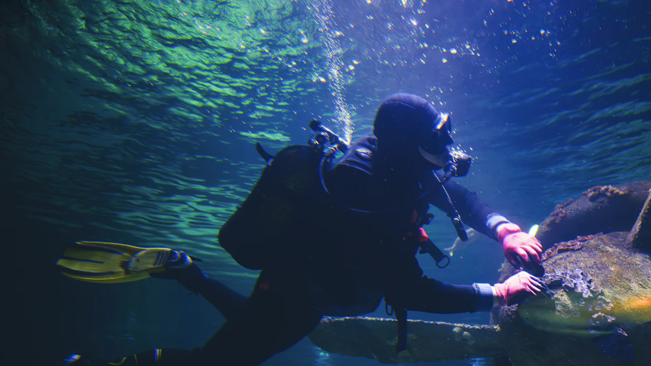Scuba diver swimming beside a sea turtle