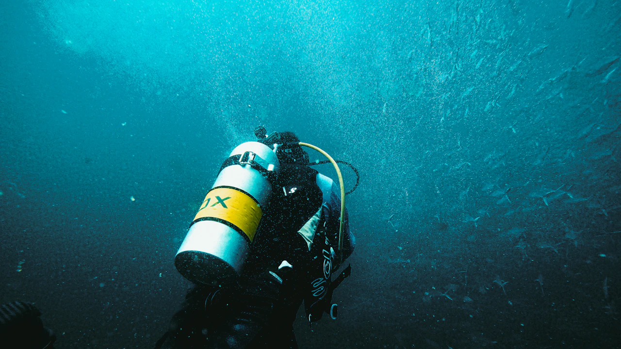 Scuba diver descending in blue water with fish around