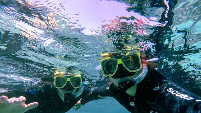 Two divers in yellow masks smiling just below the water surface