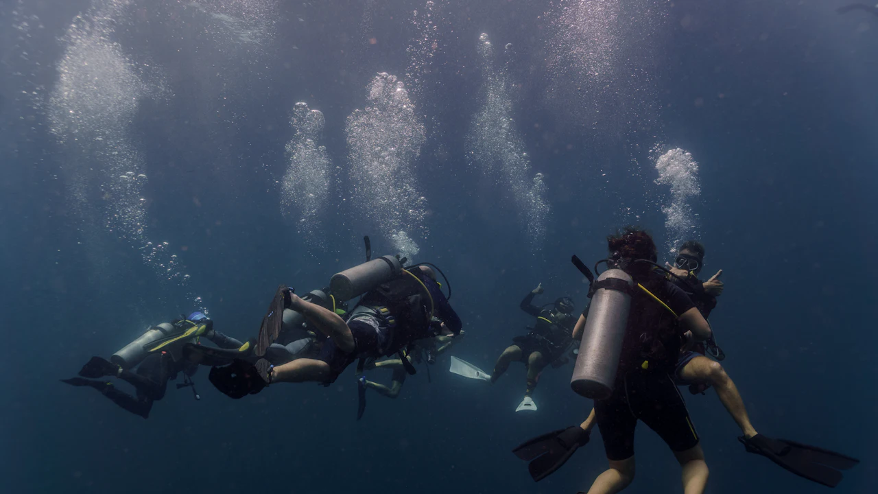 Divers swimming in a group in dark blue water