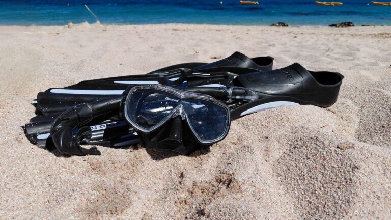 Mask, snorkel and fins lying on the sand
