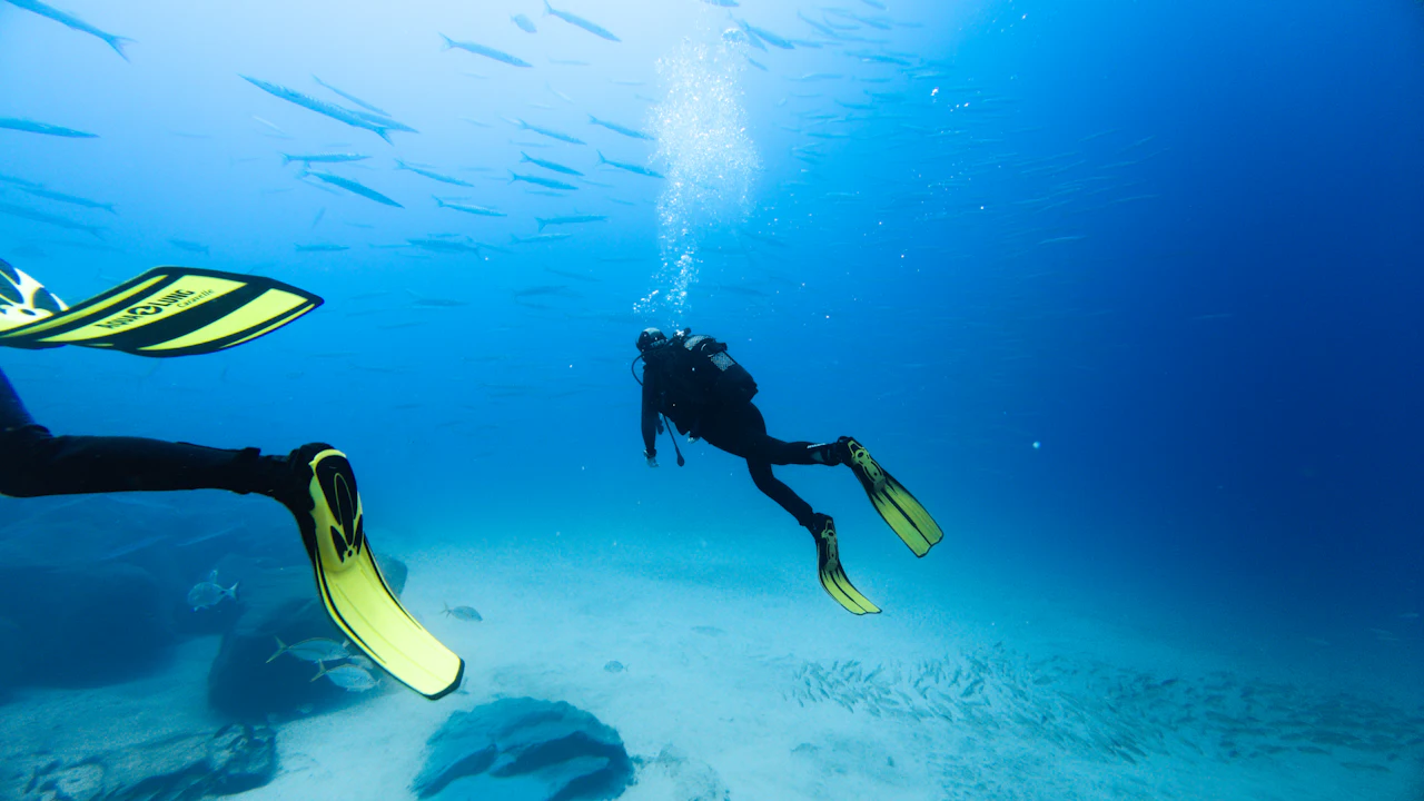 Scuba divers descending into clear blue water