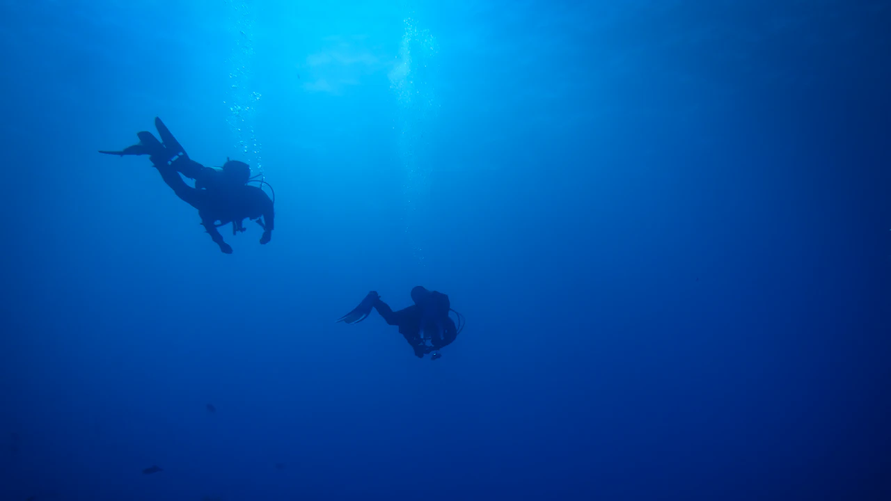 Two scuba divers swimming in deep blue water