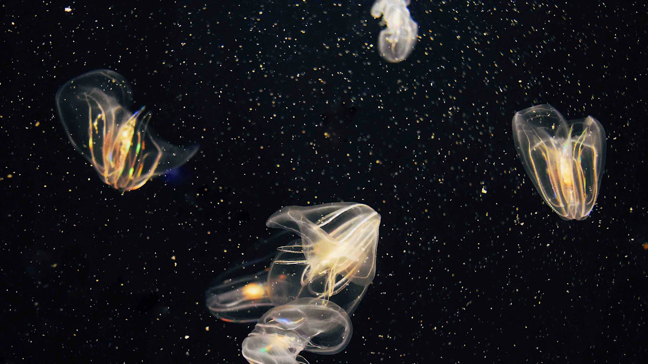 Small transparent jellies drifting in dark water