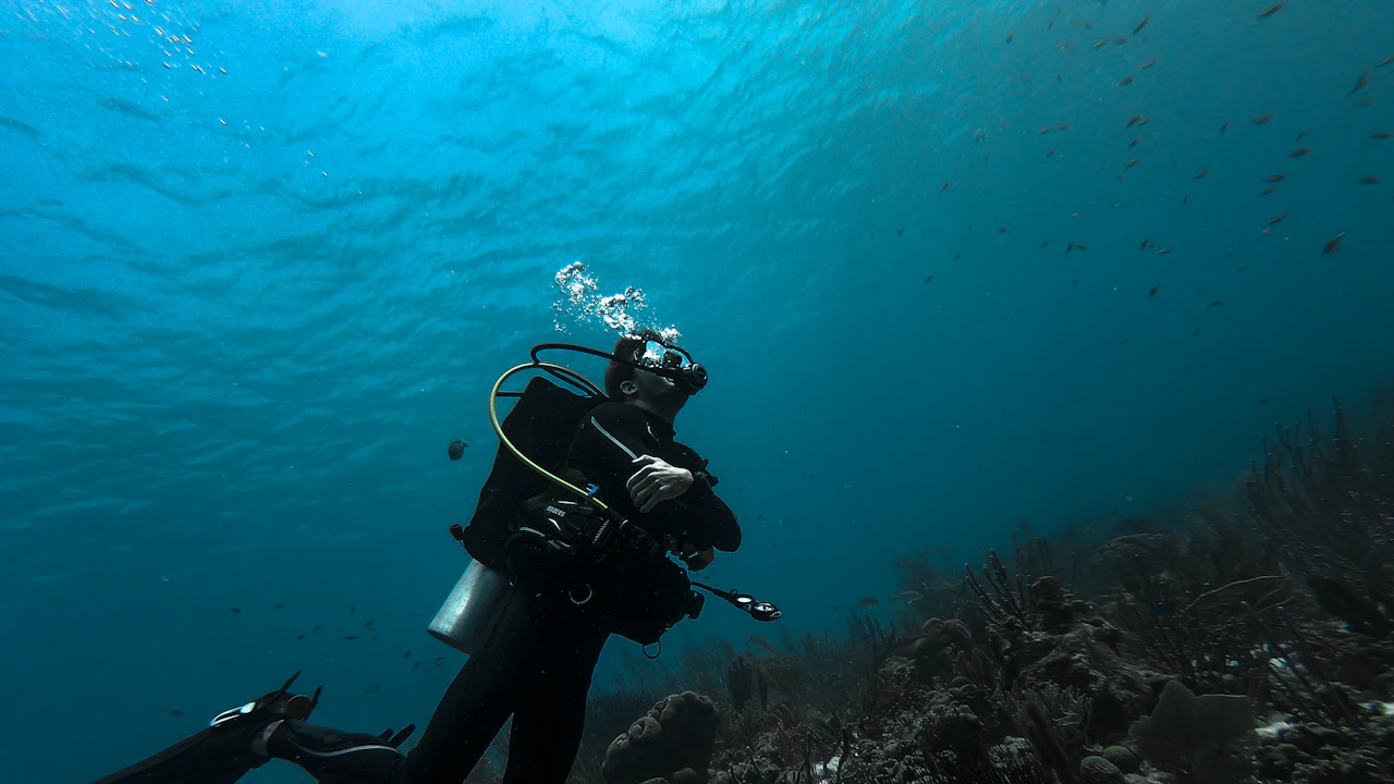 Scuba diver checking a device on the wrist over a reef