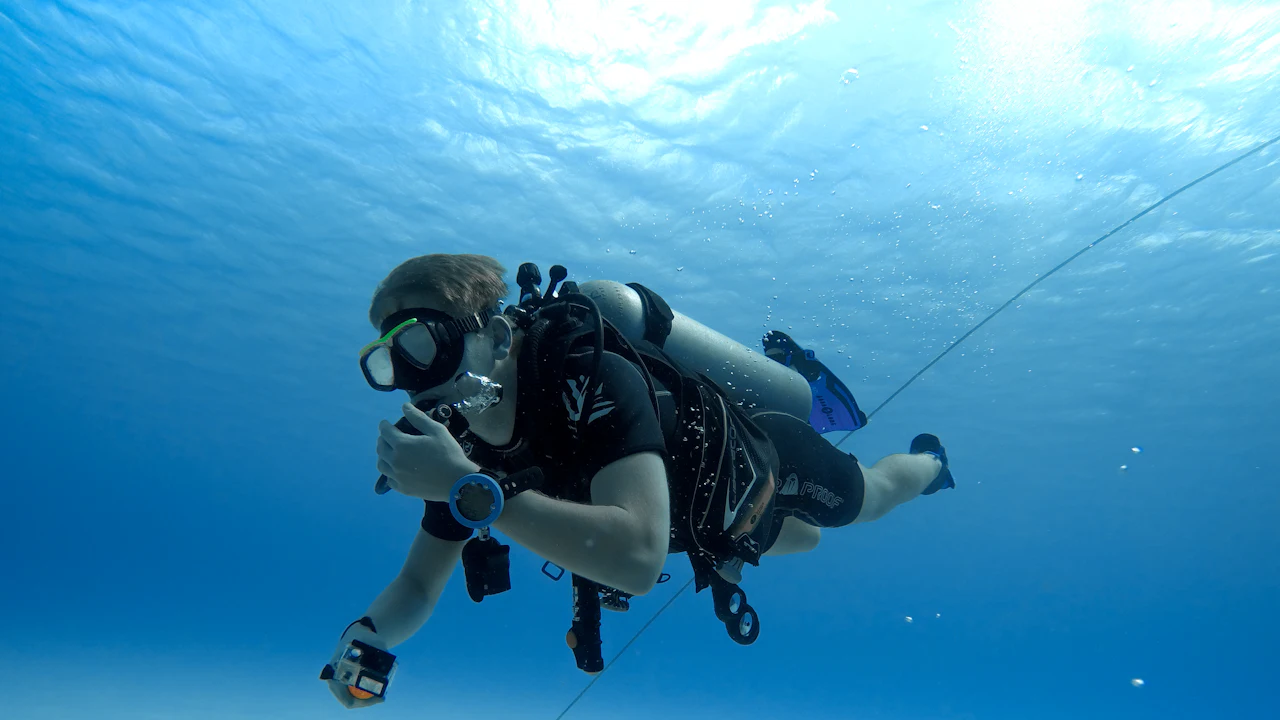 Scuba diver hovering above a reef in blue water