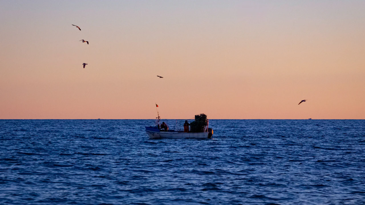 Small fishing boat on the open sea at sunset