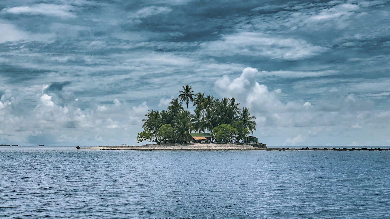 Small palm-covered island on a turquoise sea